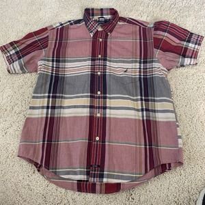 Nautica Mens L Madras Shirt Button Front Short Sleeve Lightweight Cotton Plaid